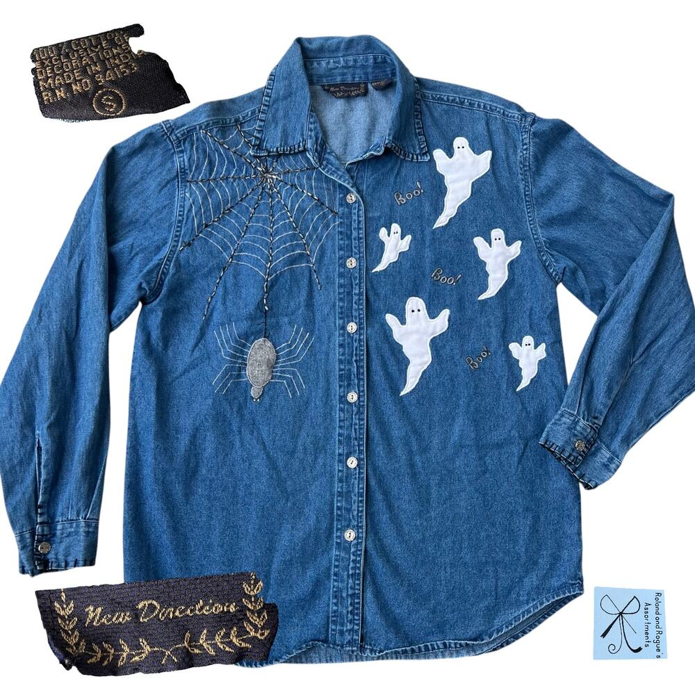 New Directions Halloween Spider-Web and Ghosts 100% Cotton Button-Up Shirt Sz S